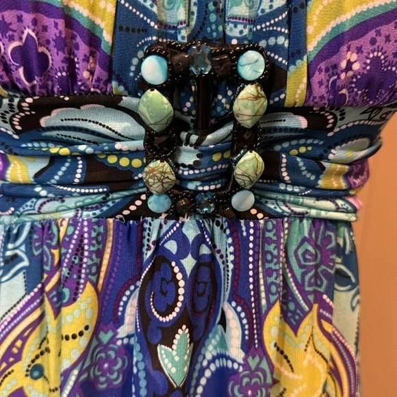 Bisou Bisou silky stretch ruched strap & empire waistband bead buckle maxi. Sz 4 - Picture 3 of 9